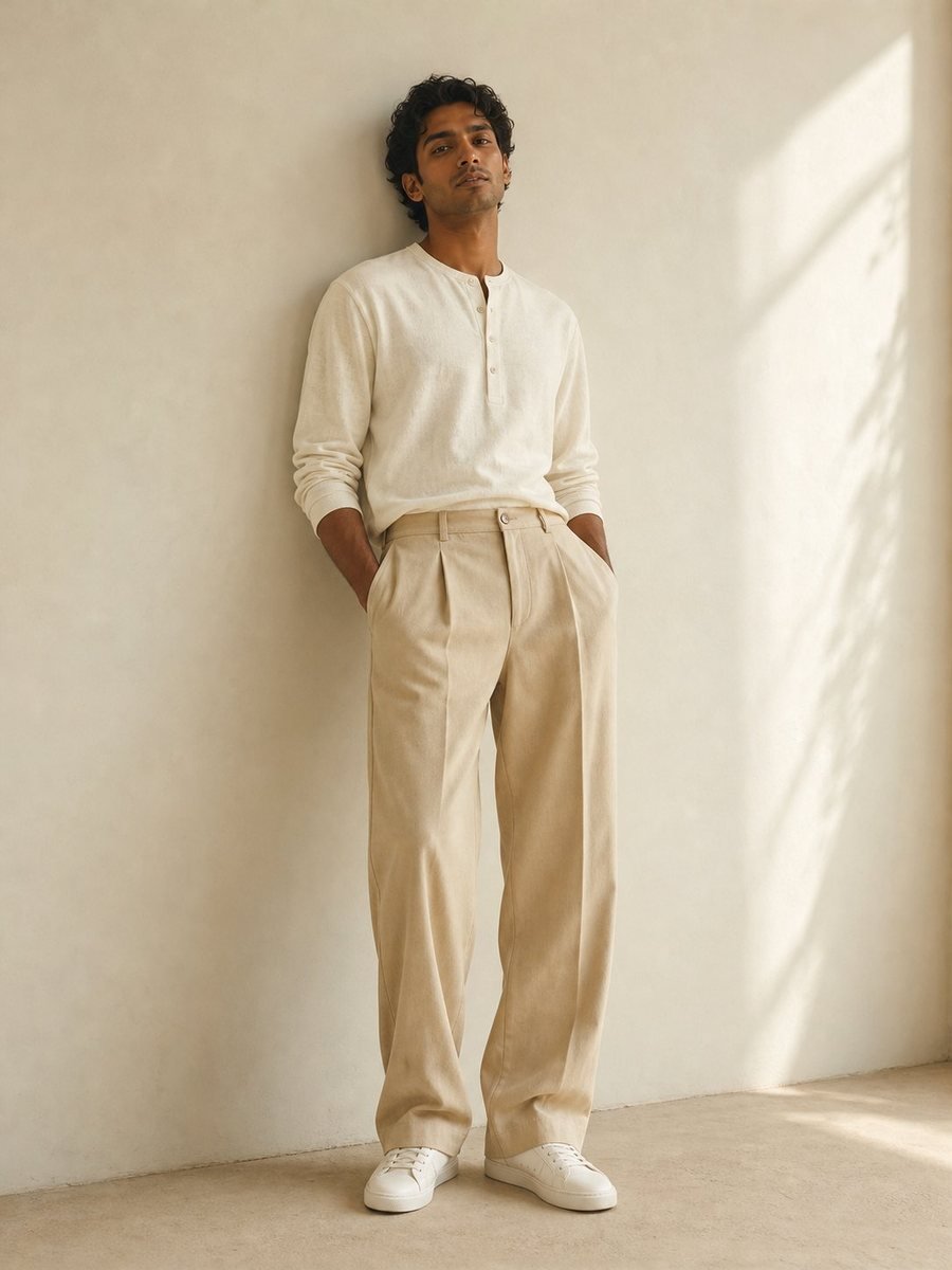 Look 01 — cream henley with tailored trousers