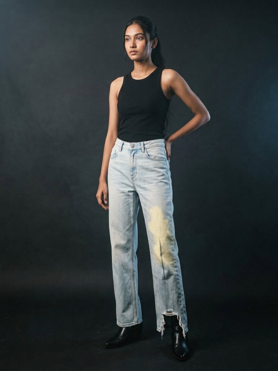 Rookies light wash jeans on model