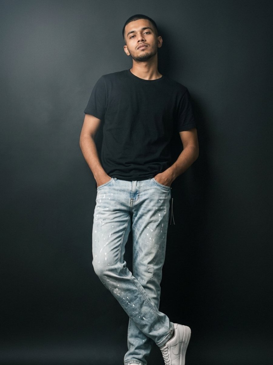 Look 03 — splatter light jeans with black tee