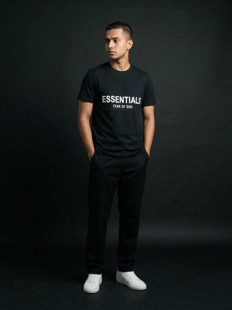 Look 02 — Essentials tee with black tailored trouser