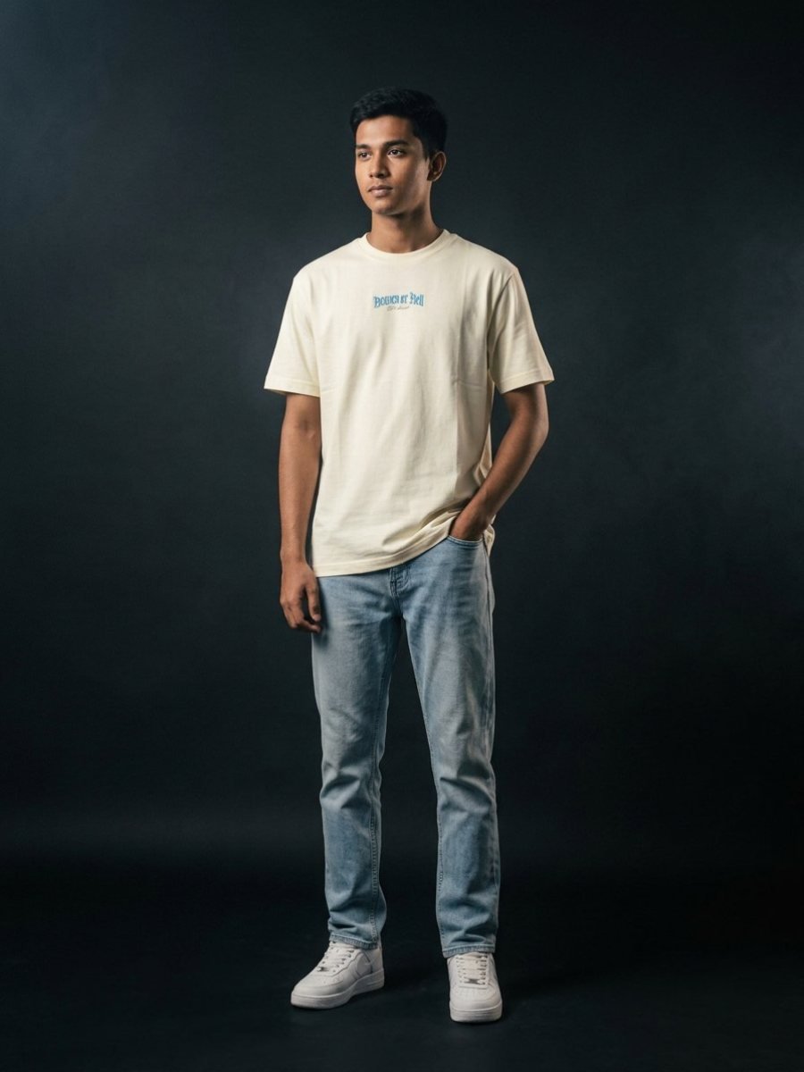 Heaven or Hell tee — cream, on model